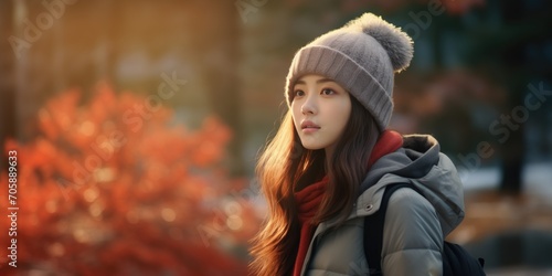 Close up portrait of beautiful asian woman in winter clothes.