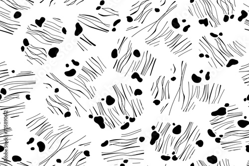 Seamless geometric chaotic pattern stripes strokes black spots dots abstract shapes on white background