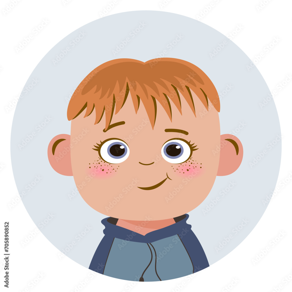 Children's avatar in a circle for social networks. Cute cartoon boy face, big eyes, red hair, smiling emotions. Vector illustration on white background