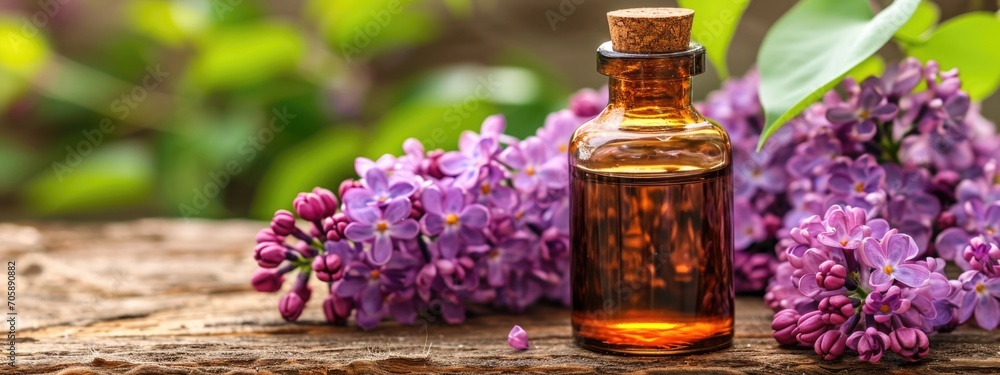 Maquette Oil extract of lilacs in a bottle on a background of flowers on a wooden table Maquette Oil extract of lilacs in a bottle on a background of flowers on a wooden table