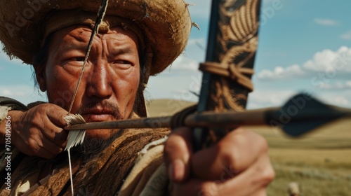 Mongol Archer's Legacy: A cinematic 32k UHD portrayal of a battle-hardened 26-year-old Mongol archer from Genghis Khan's era, illustrating the fearsome archery tactics on the vast steppes.

