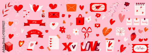 Huge Set of Happy Valentine’s Day Elements. Hand Drawn Love Elements with hearts, lips, gifts, flowers and love letters. Love wins, love is in the air and be my valentine concepts.