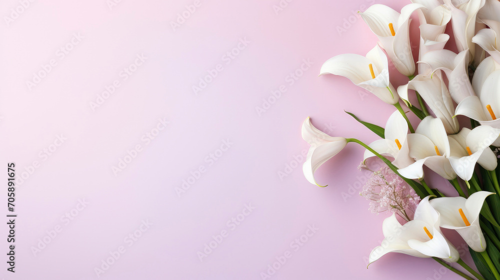 flowers white lilies composition on a light pink background copy space template for text