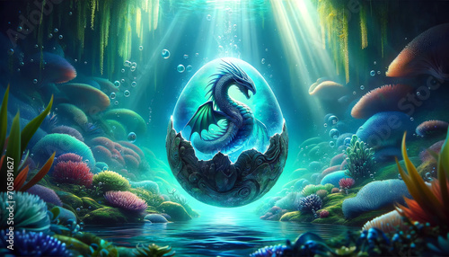 Dragon egg. Mystical Water Dragon Birth in Underwater Wonderland 4k wallpaper, wall art photo