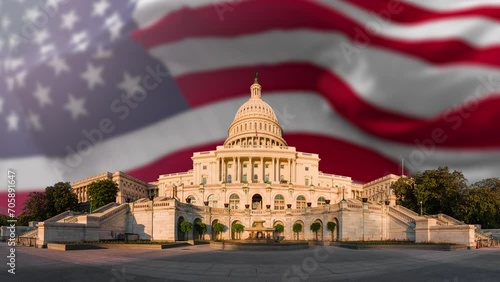 4K video of The US Capitol Building in Washington DC United States of America with waving flag	
 photo