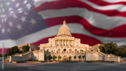 4K video of The US Capitol Building in Washington DC United States of America with waving flag	
