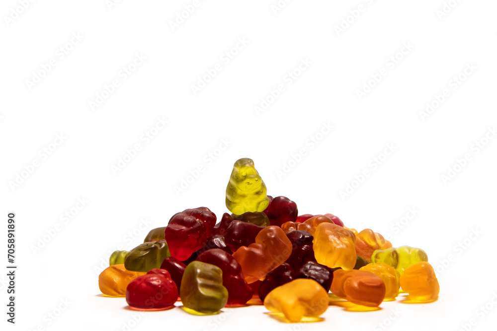 A bunch of colorful gummy candies on white background