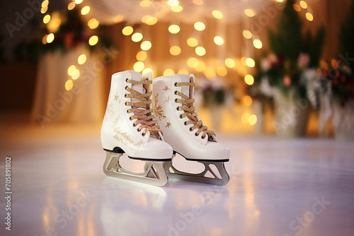 A pair of figured rings stand on the ice against the background of New Year's garlands. Skates on the background of blurred lanterns on an ice rink