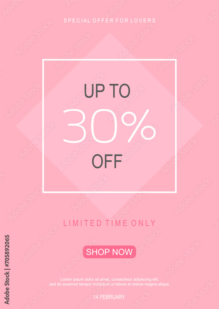 Valentines day vector flyer template with 30% sale and discount special offers.Vector illustrations for social media banners and website. Happy valentine design vector.