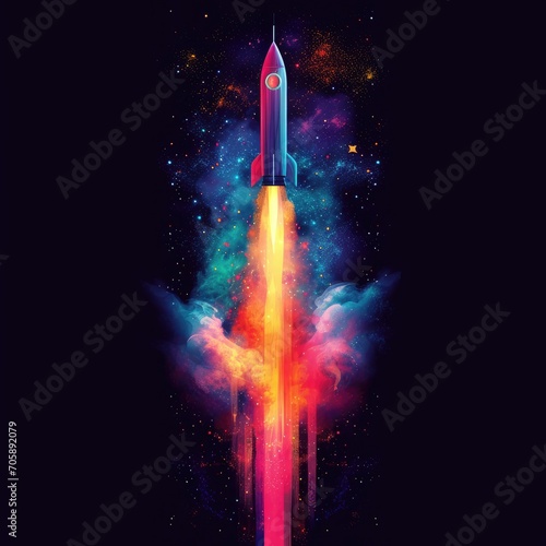 Rocket soaring upward against a black background with  colorful neon effects