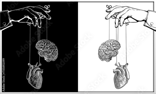 The conflict of mind and heart, two ways of love or logic, black or white photo