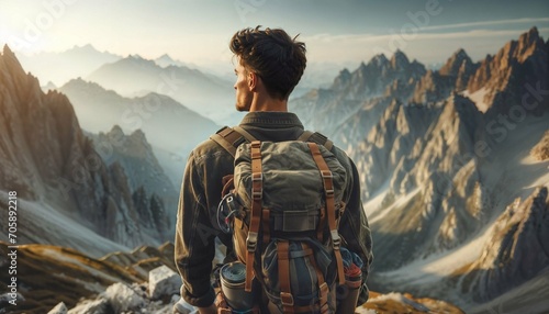Mountaineer man climbing with backpack - active hiking lifestyle, adventure outdoors, mountains landscape background photo