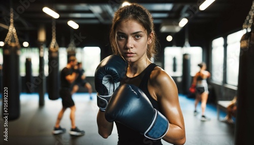 Focused teenage female boxer training for a competition photo