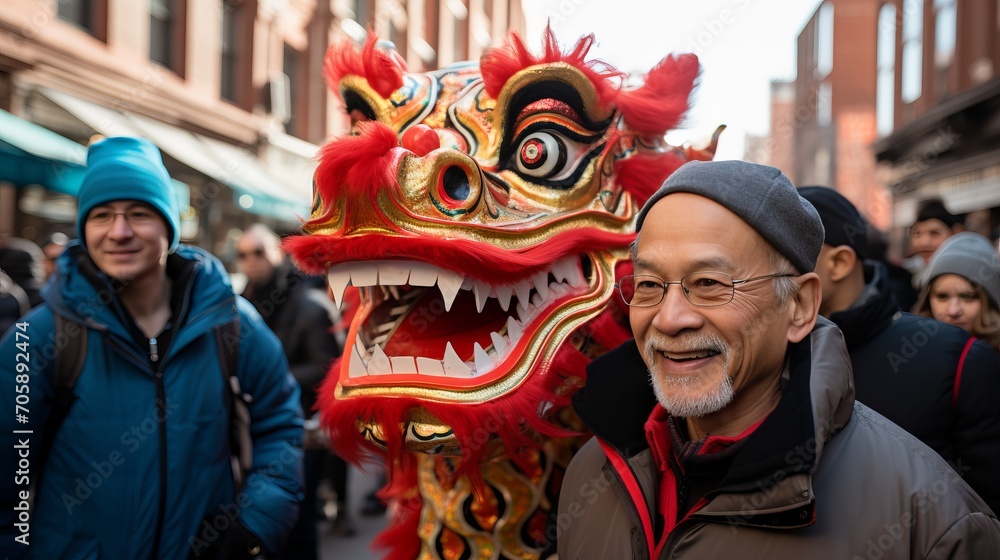 Colorful chinese new year parade with majestic dragon dance and vibrant street scene celebration