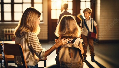 Mother's support on daughter's first school day, nurturing and encouraging
