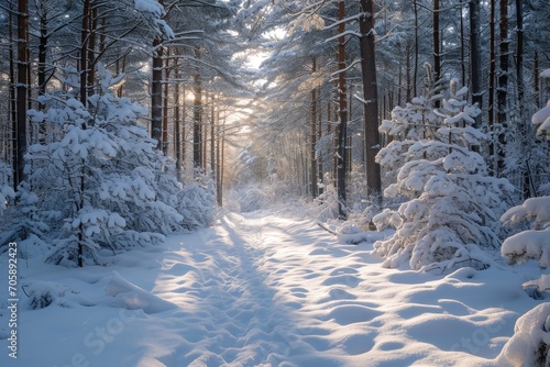 Snow-Covered Winter Forest background, a winter woodland with subjects in a snowy forest. © authapol
