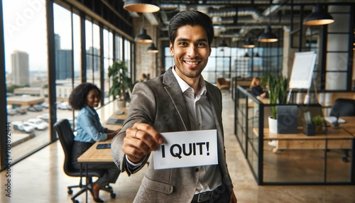 Business person handing down resignation letter with I quit words on it to their boss, leaving job, quitting