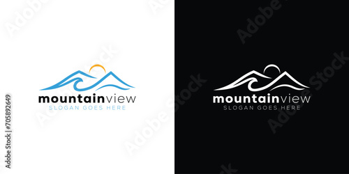 Creative Mountain View Logo. Mountain, HIlls, Peaks, Sun, Wave, Lake, Sea, River with Minimalist Style. Landscape Logo Icon Symbol Vector Design Template.