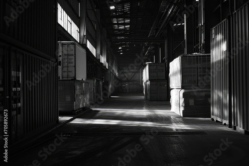 A black and white photo of a warehouse. Suitable for industrial concepts or architectural designs