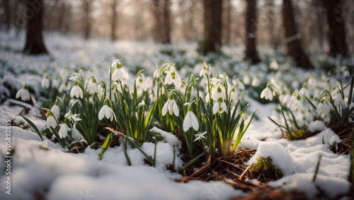 Delicate snowdrops make their way through the melted snow in the spring forest. March morning in the forest