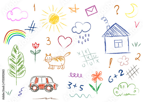 doodles are drawn by a child's hand with chalk on asphalt or on a school board. Simple drawings, tic-tac-toe. lines on white background