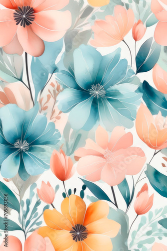 Watercolour floral seamless pattern with spring flowers.