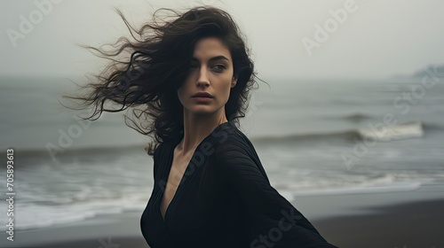 Mystique of the Wind: Elegant Woman with Flowing Hair and Sheer Black Attire Against a Hazy Backdrop.