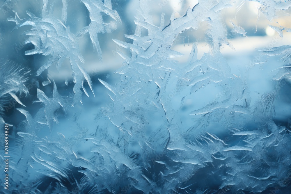 Fototapeta premium Snowy beautiful patterns on glass. Frozen ice on glass close-up, ice texture.
