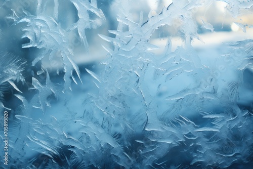 Snowy beautiful patterns on glass. Frozen ice on glass close-up, ice texture.