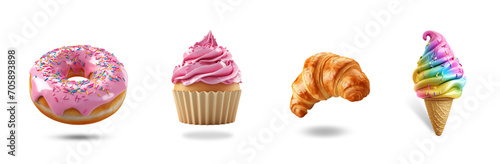 3D realistic render sweet food vector icon set. Donut, croissant, cupcake, ice cream.