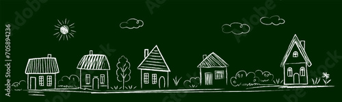 Houses, street, trees, bushes, landscape, sun, clouds - scribbles are drawn by a child's hand with chalk on asphalt or on a blackboard. White lines on a black and blue background