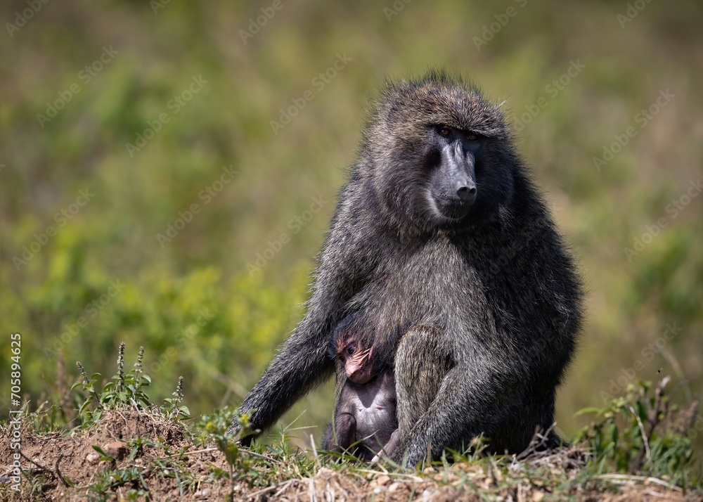 Adorable young baboon in a tranquil outdoor setting alongside its mother.