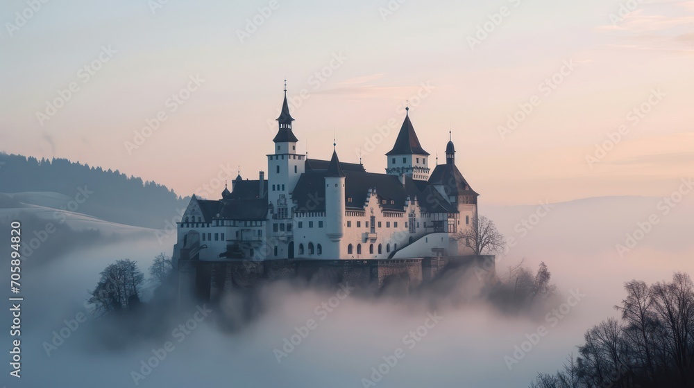 A white castle behind the white fog creates a beautiful mystical view