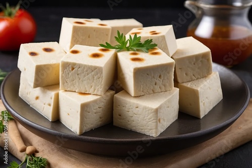 Blocks of protein tofu, boiled and on a decorated plate.