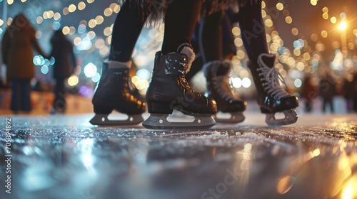 A couple of people standing on ice skates, ready to glide across the frozen surface. Perfect for winter sports or romantic winter scenes