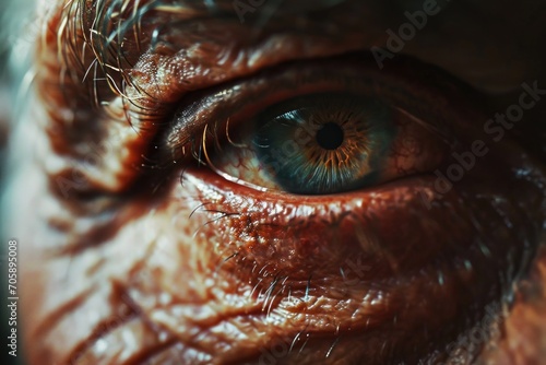 A detailed close-up of a person s eye with visible wrinkles. This image can be used to depict aging  wisdom  or the effects of time on the human body