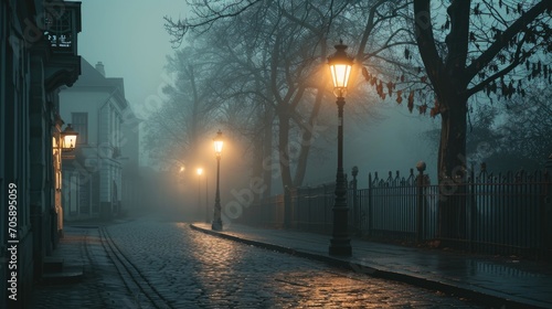A street light illuminating a foggy street. Perfect for creating a mysterious and atmospheric ambiance. Ideal for use in urban or night scenes