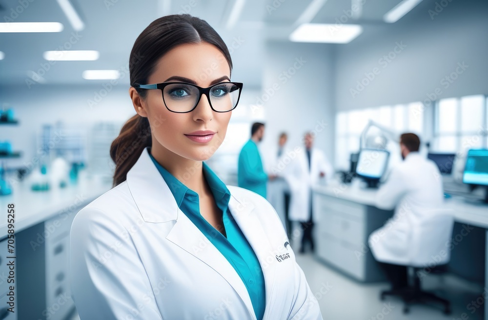 A beautiful young Asian, a woman-scientist, dressed in a white medical robe and glasses, in a modern medical scientific laboratory, with a team of specialists in the background. A beautiful young Asian, a woman-scientist, dressed in a white medical robe and glasses, in a modern medical scientific laboratory, with a team of specialists in the background.