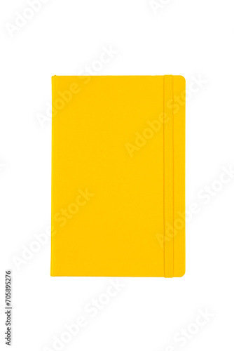 Yellow paper notebook planner isolated on transparent png background. Design template of copybook with elastic band for mockup. Top view.