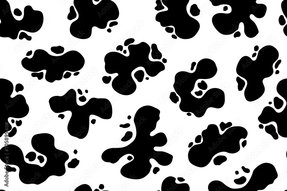 Fototapeta premium seamless pattern black abstract water liquid stains on white background. Animal skin, cow, Dalmatian