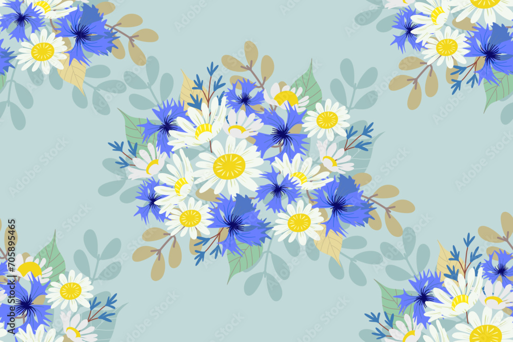 floral seamless pattern. White blue flowers motifs vector illustration. Pastel colours white daisy blue cornflower meadows with leaf. Pack pattern design background border.
