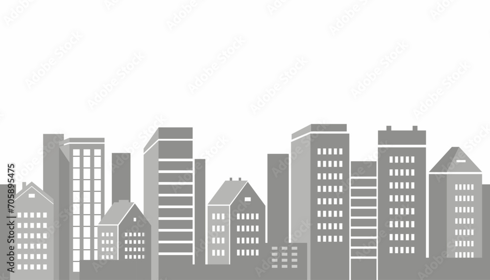 Silhouette of a modern city in flat style. Cityscape, houses, skyscrapers. Seamless horizontal background. Urban skyline monochrome grayscale on white background. Vector illustration. 