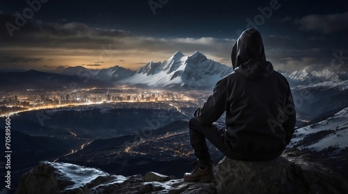 Man in black hooded hat sitting on a rock and looking the city lights from top of mountain in cold snowy weather created with generative ai 