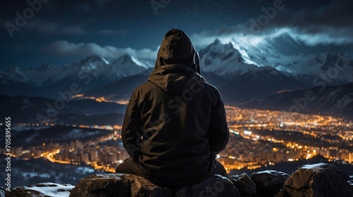Man in black hooded hat sitting on a rock and looking the city lights from top of mountain in cold snowy weather created with generative ai 