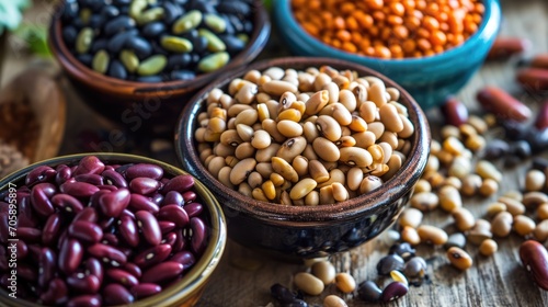 Culinary Canvas of Beans: Unveil the culinary artistry of various beans, each a protein-rich gem, featuring chickpeas, lentils, black beans, kidney beans, and pinto beans in a diverse and nutritious s photo