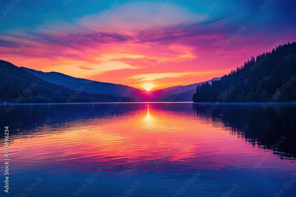 A colorful sunset over a serene mountain lake