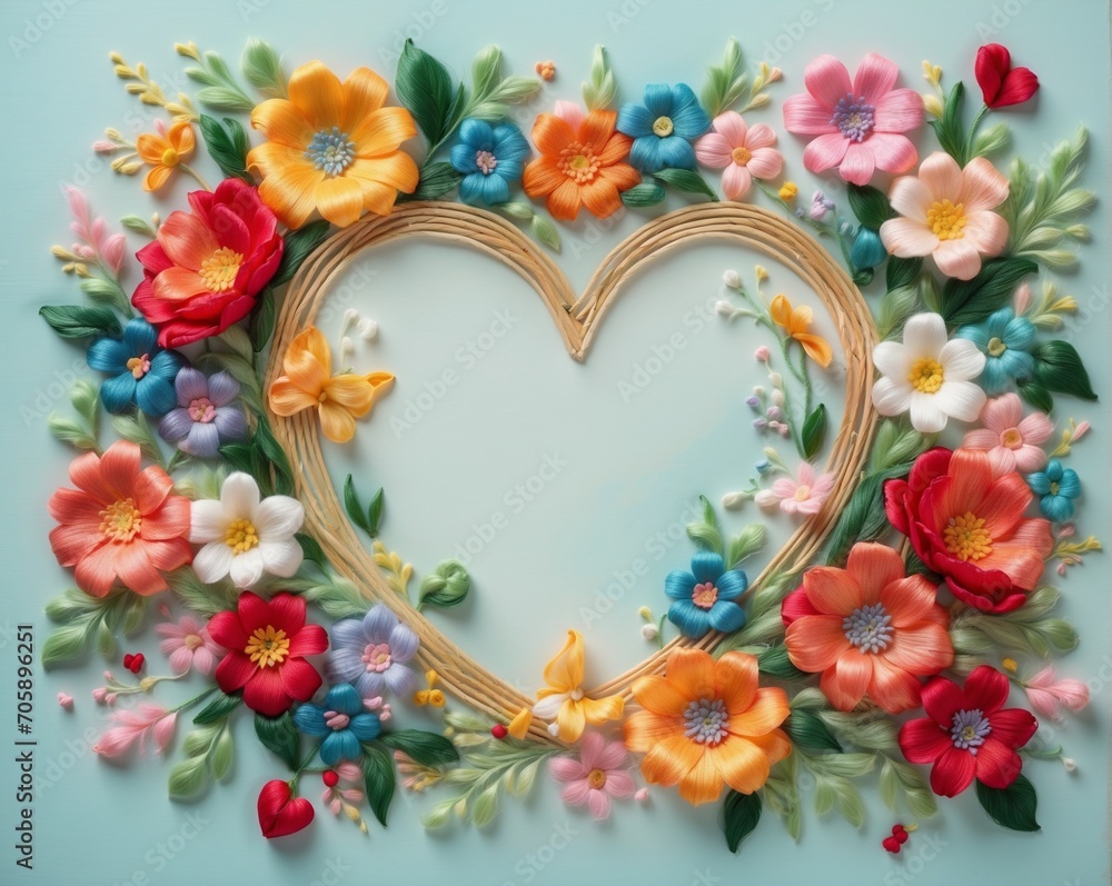 Banner, card, invitation with embroidered flowers in the shape of a heart. Valentine's Day, Mother's Day, Women's Day. Banner, card, invitation with embroidered flowers in the shape of a heart. Valentine's Day, Mother's Day, Women's Day.