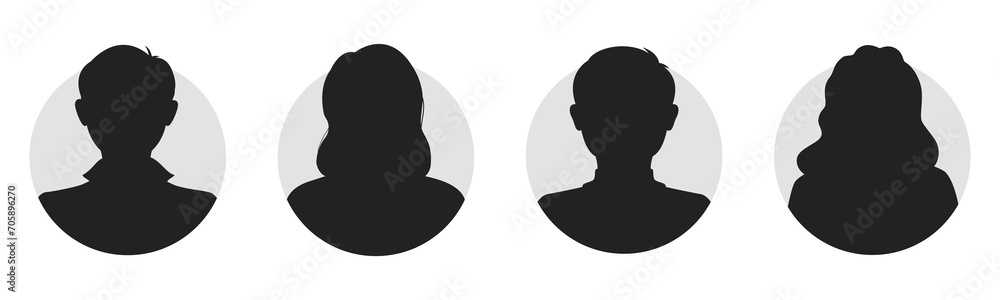Male and female portraits, silhouettes, avatars or profiles for unknown anonymous persons. Man, woman, people. Black and white vector illustration. All objects are isolated