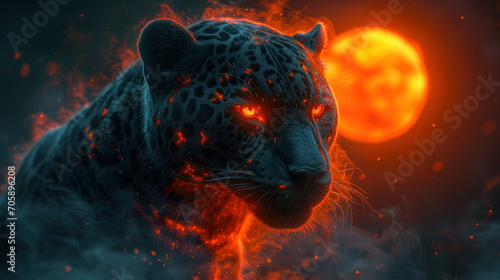 Black Jaguar with Eyes made from Fire and Ancient Sun