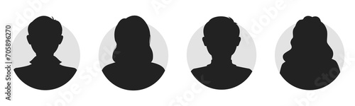 Male and female portraits, silhouettes, avatars or profiles for unknown anonymous persons. Man, woman, people. Black and white vector illustration. All objects are isolated photo